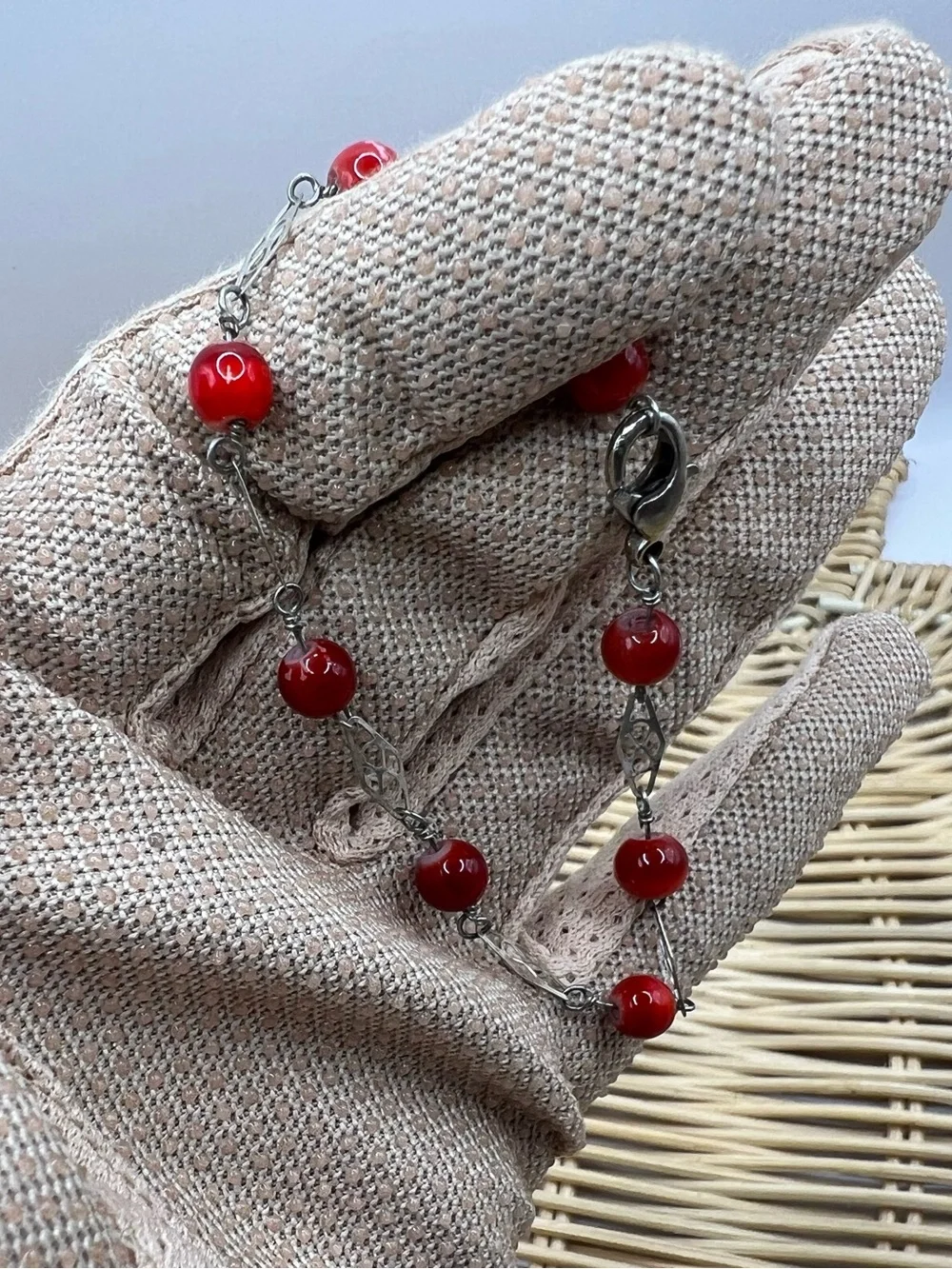 Vintage Red Beaded Silver Tone Link Chain Bracelet Bohemian Chic